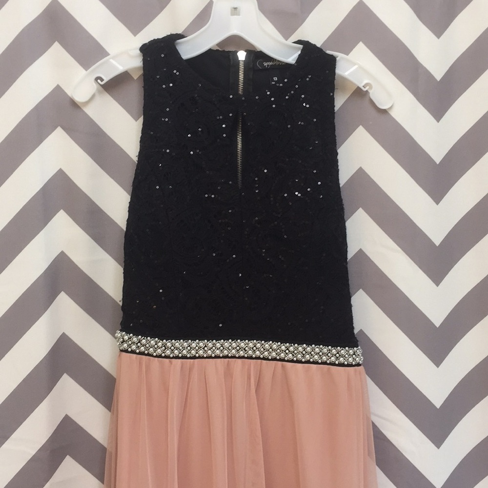 Black and blush beaded prom dress